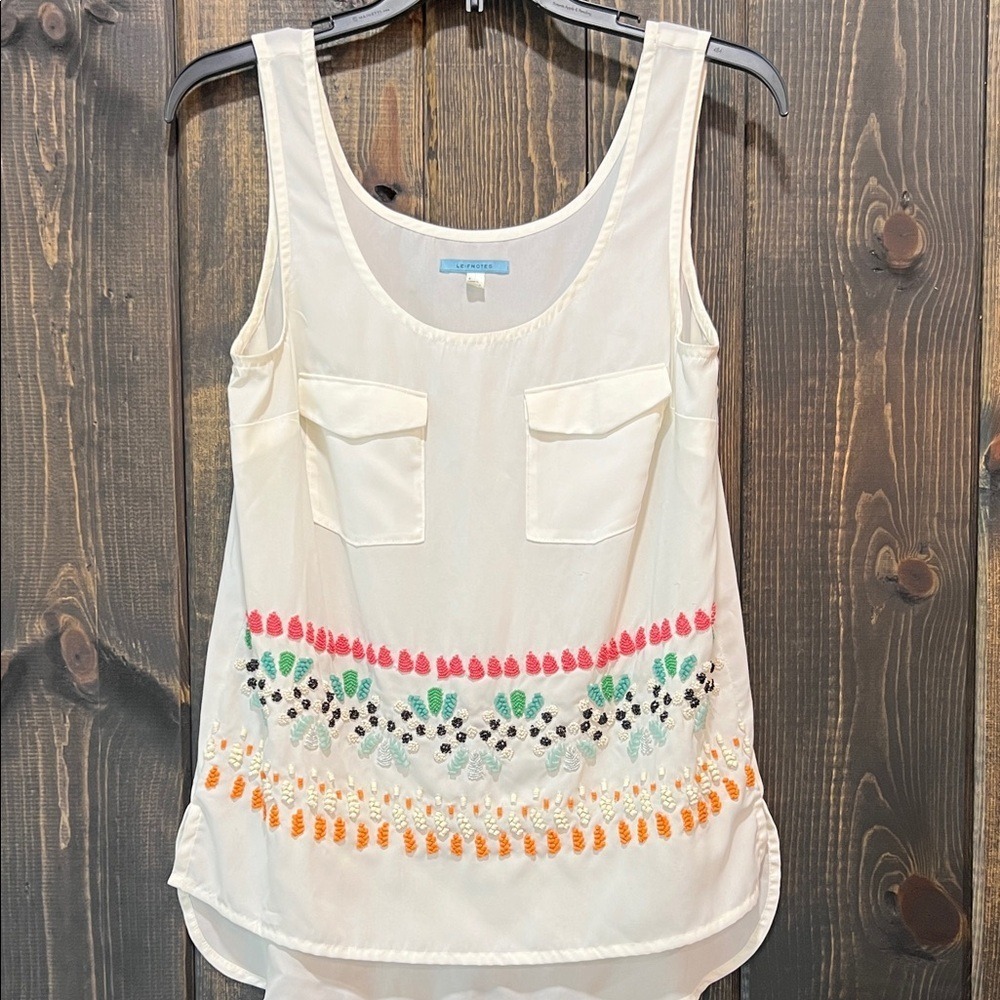 Anthropologie Leifnotes Beaded Bazaar Top 2 White Embroidered Boho Artsy Sheer